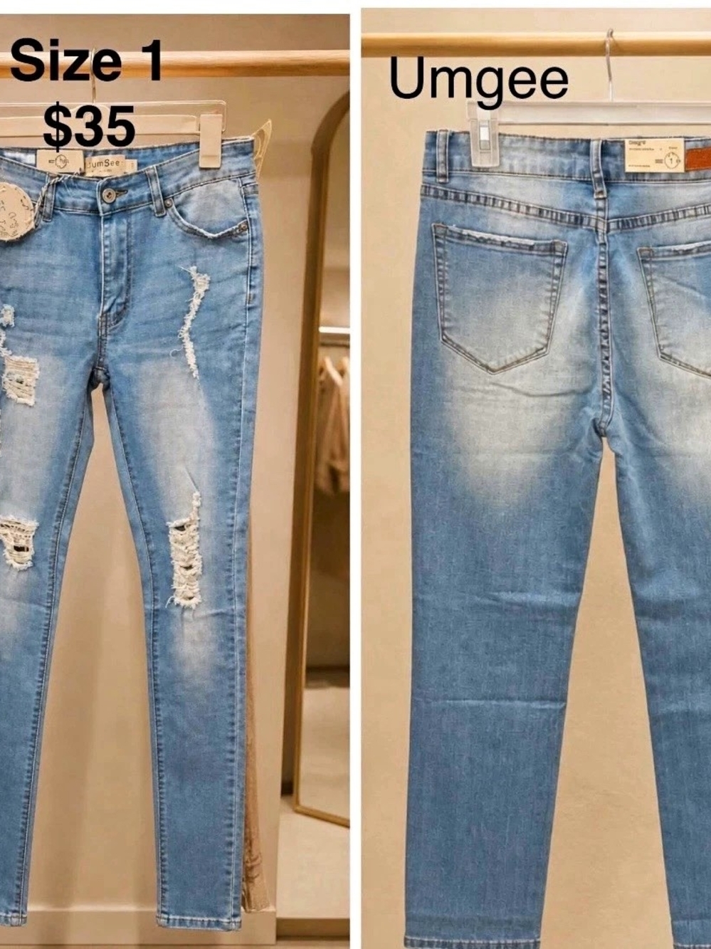 Umgee Women’s Blue Light Wash Distressed Skinny Denim Jeans 5-Pocket Size 1